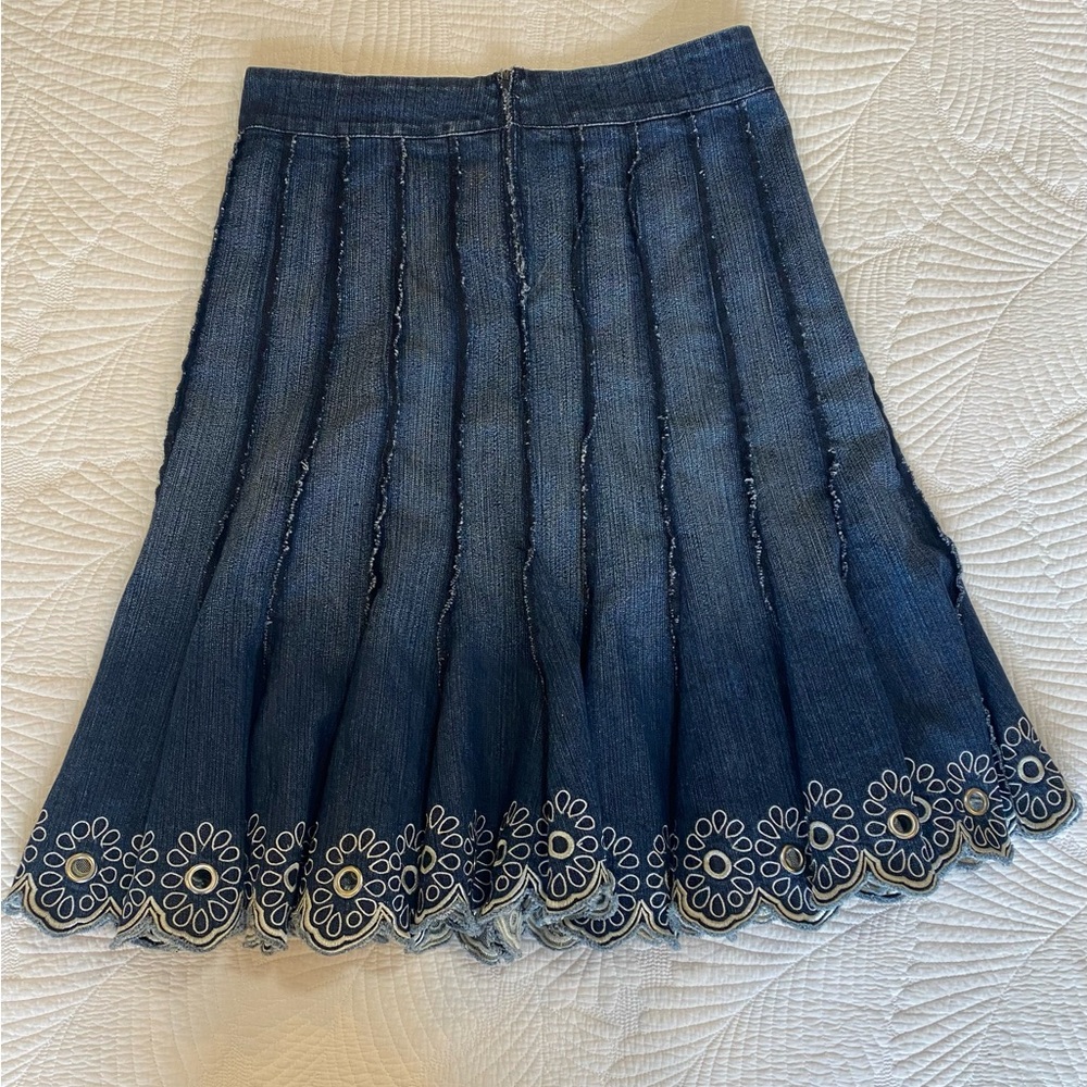 Y2K Blue Denim Midi Skirt with Scalloped Eyelet Hem - Picture 2 of 5